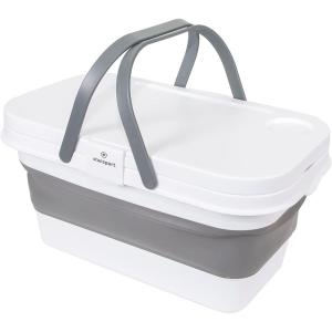 image:imageStansport Silicon Folding Basket with Table Top Lid  Portable Washing Basin Bucket Tub  Camping Travel  Storage Container Compact Laundry Dishes White Large